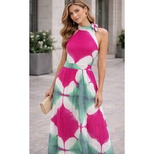 Busayo Collective Abstract Halter Maxi Dress Pink Green White Size 0